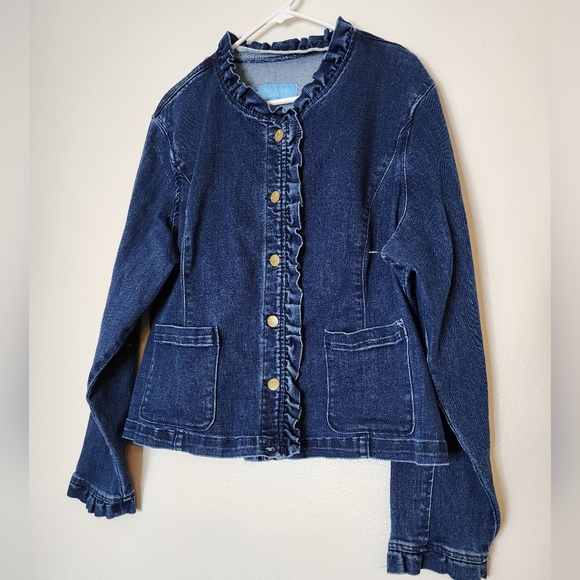 Draper James Blue Jean Jacket Ruffled Floral Buttons Spring Coat Denim - Picture 3 of 15